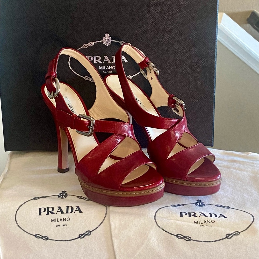 Prada Platform Red Sandals Slingback Heels